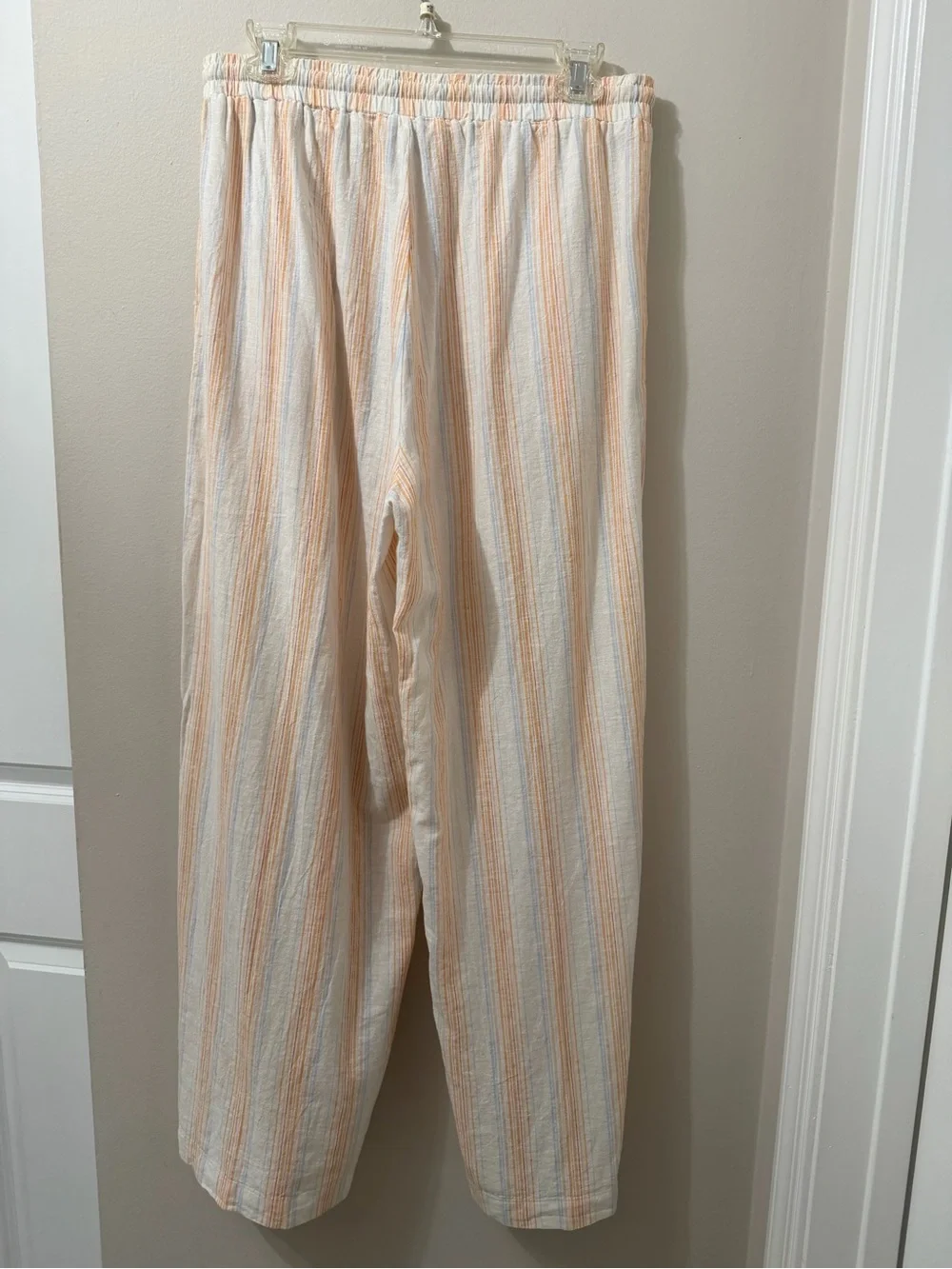 For Cynthia Palazzo Beach Pants Womens Sz L Linen Blend Wide Leg Cream Stripped